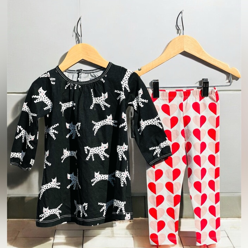 Winter Water Factory black cats print dress & hearts print leggings for baby
